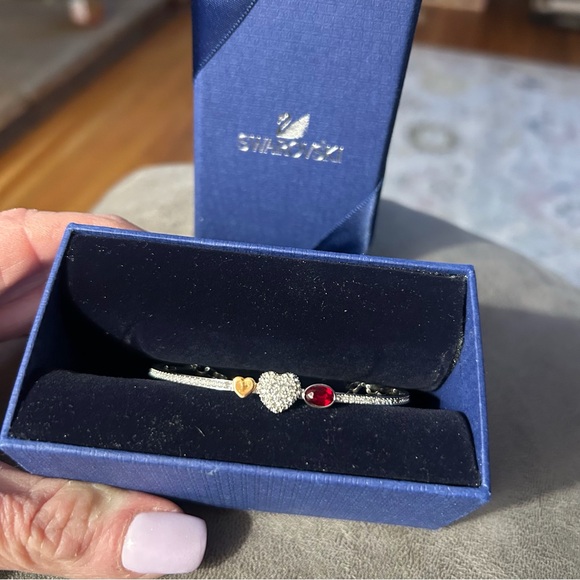 Swarovski Duo Heart Bangle Gold,Silver, Red Stone - Picture 2 of 7